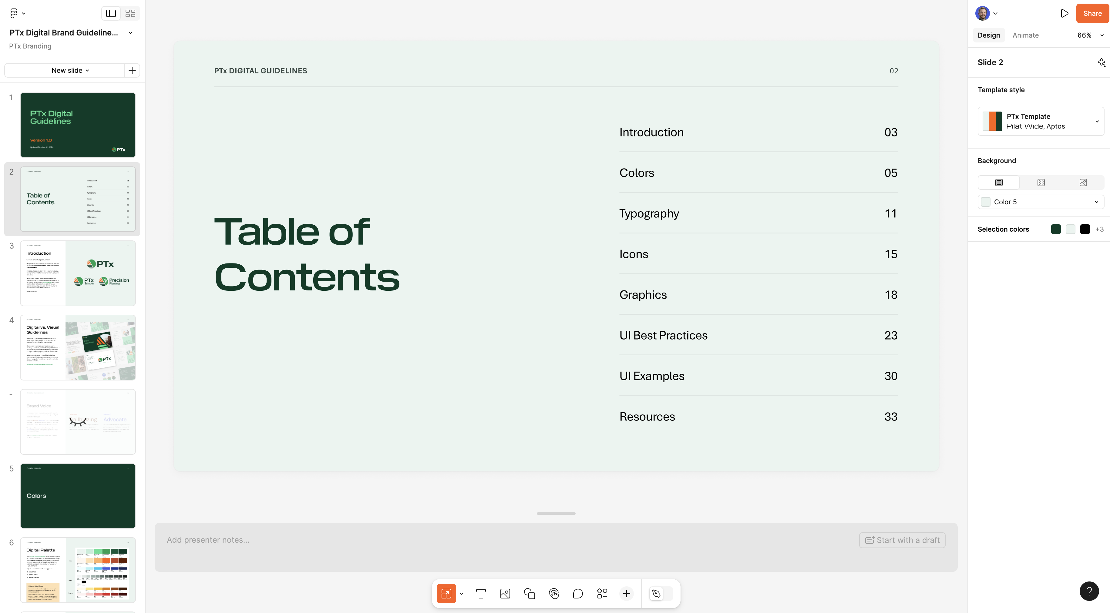 Figma Slides app with PTx digital brand guidelines document