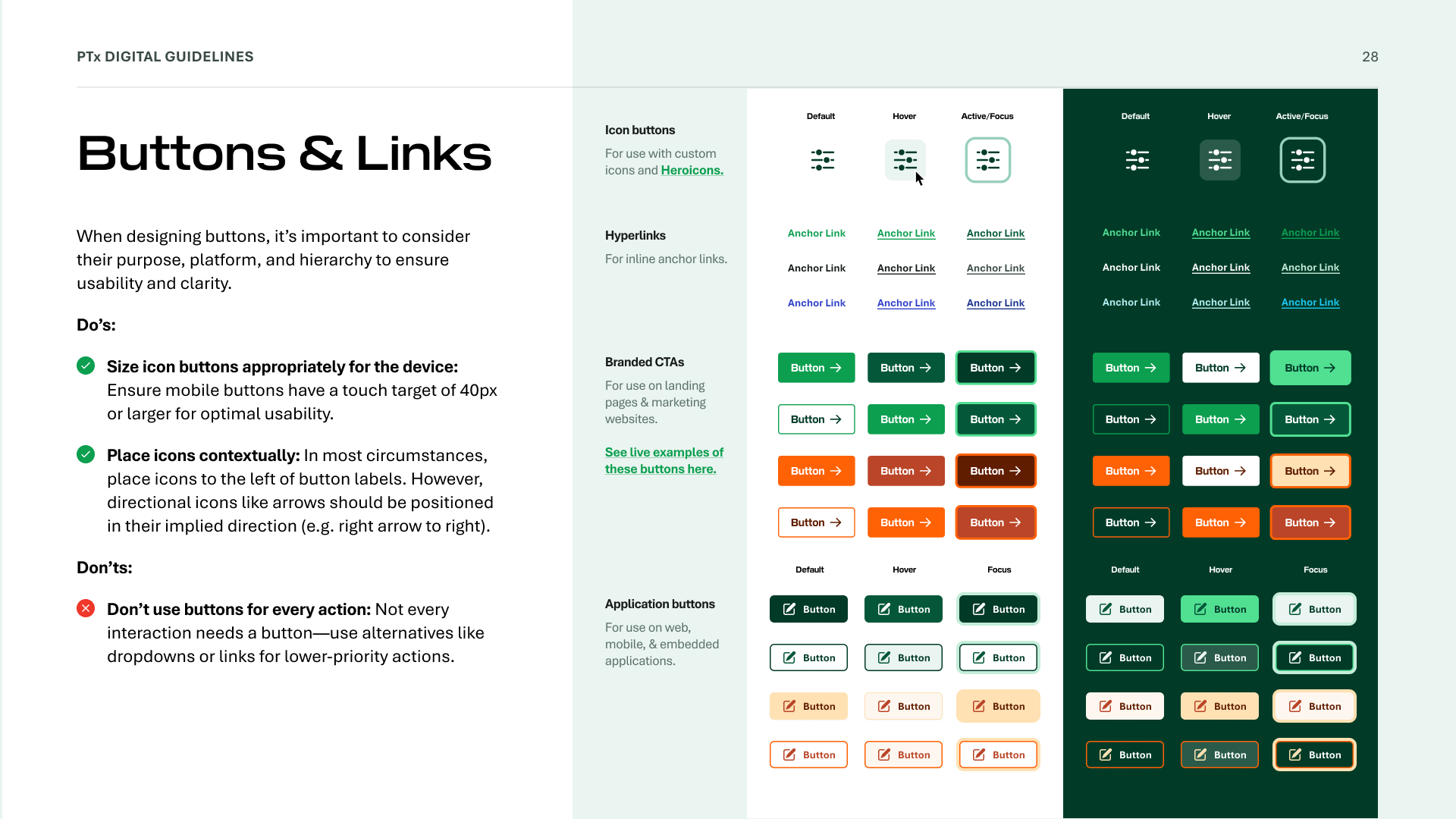 PTx digital guidelines buttons and links