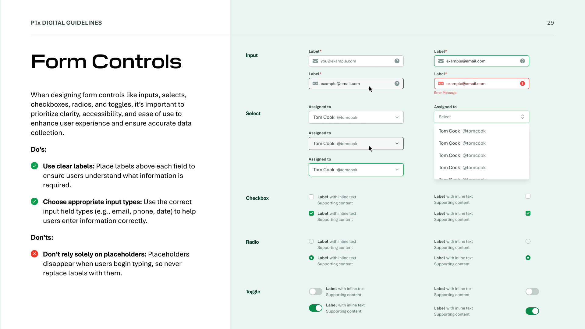 PTx digital guidelines form controls