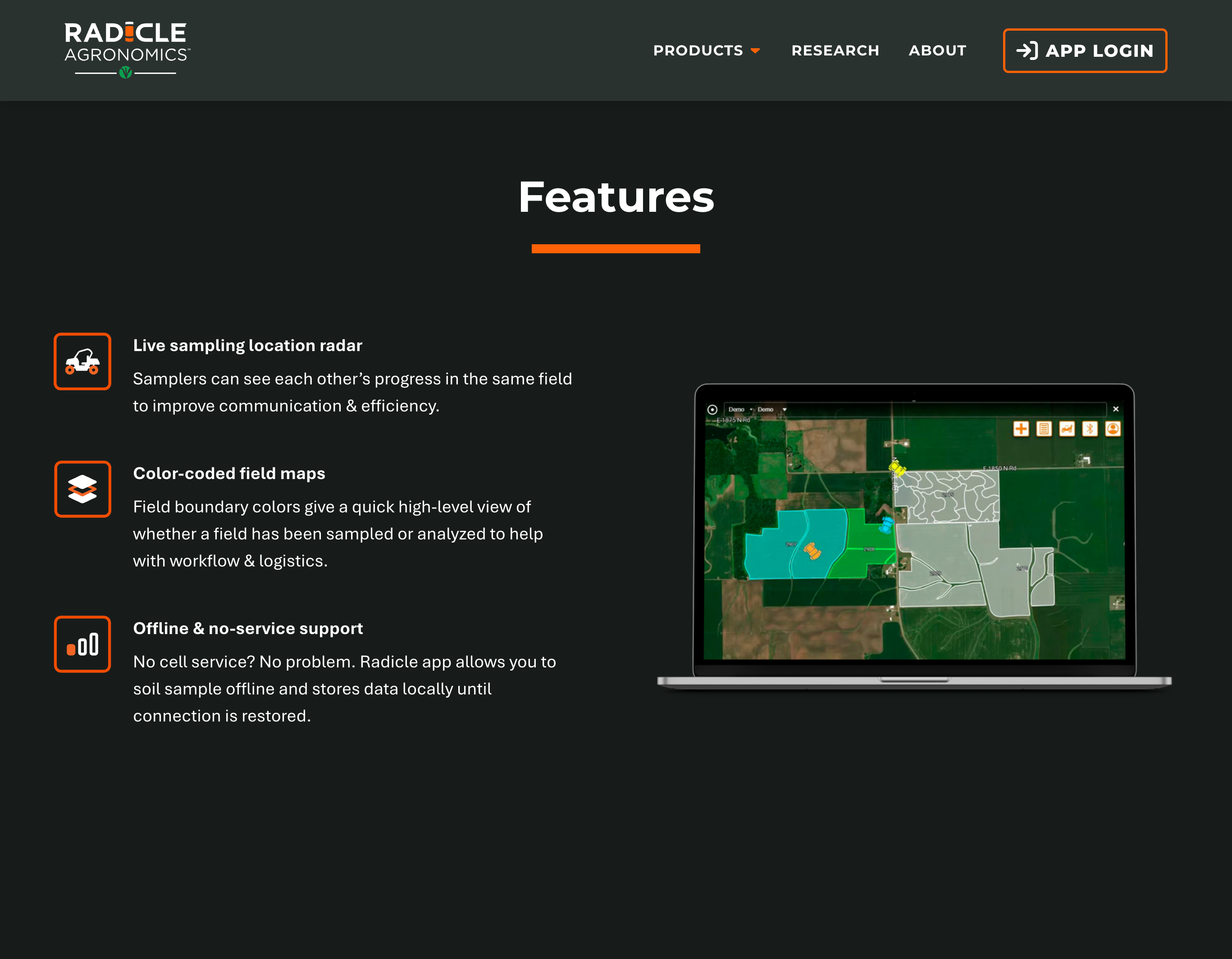 Radicle Agronomics Radicle App page features section